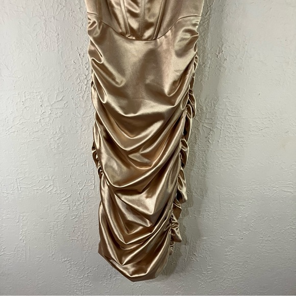 Oh Polly Embellish The Moment Ruched Satin Metallic Knee Length Dress in Gold - Picture 8 of 15